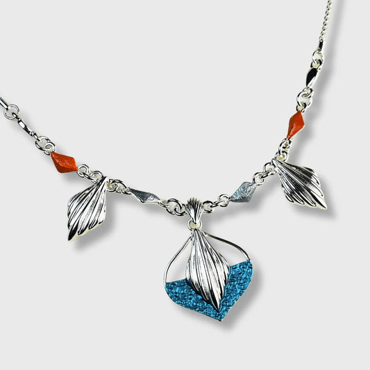 Collier Plaqué Argent Femme "Coquillages" Tons Orange et Bleu sur Placage Argent