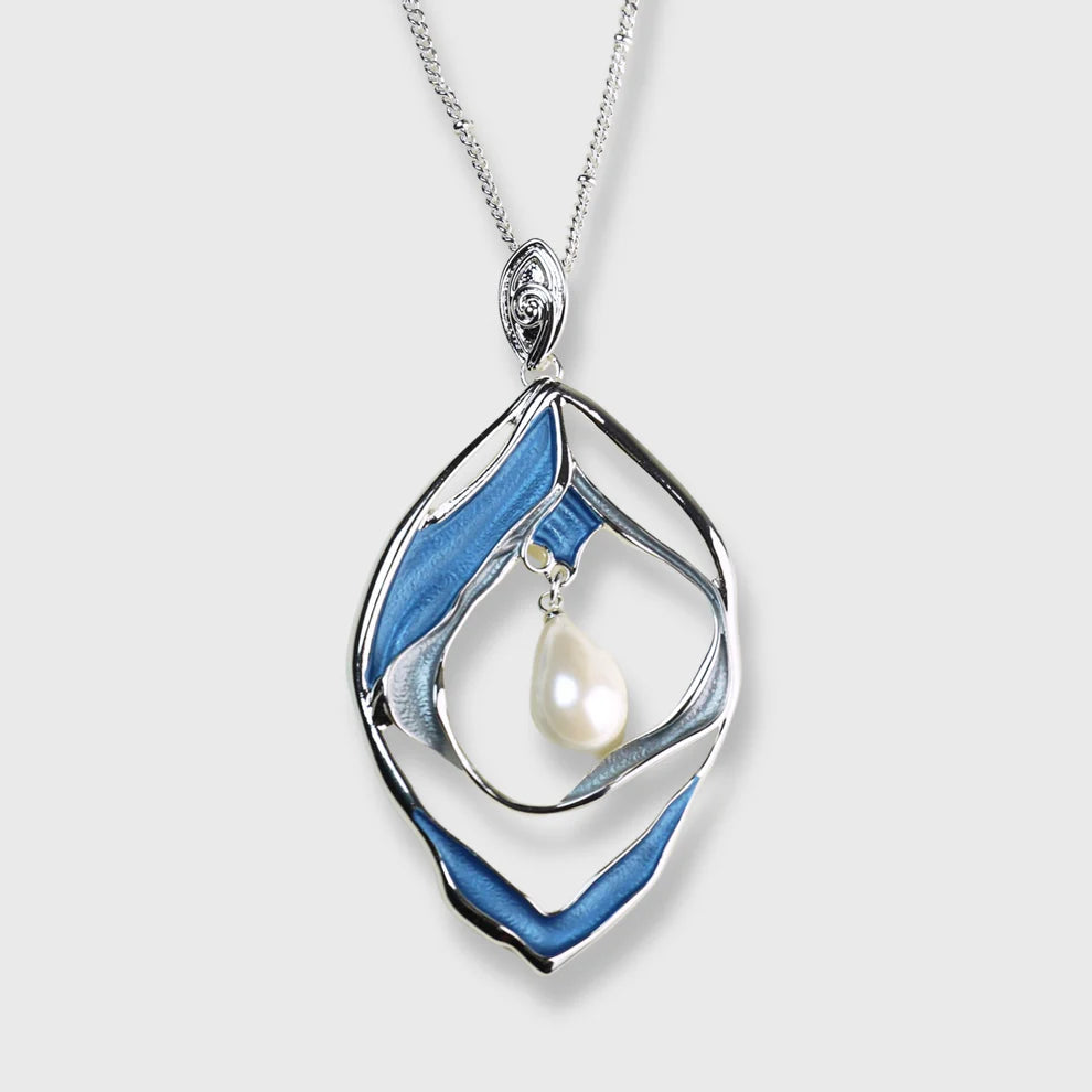 Collier pour femme plaqué argent « Oyster Sunrise » ton bleu sur placage argent