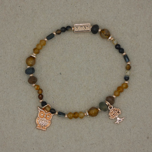 Bracelet avec Charms " Hibou " Collection Marron des Bois d' Oliviers