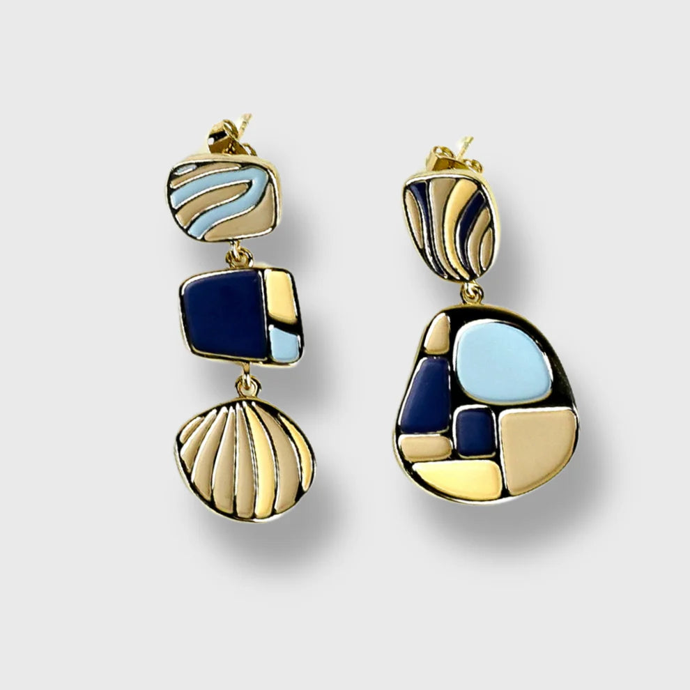 Boucles d'oreilles Plaqué Or Jaune Femme Fantaisie Bleu Picasso