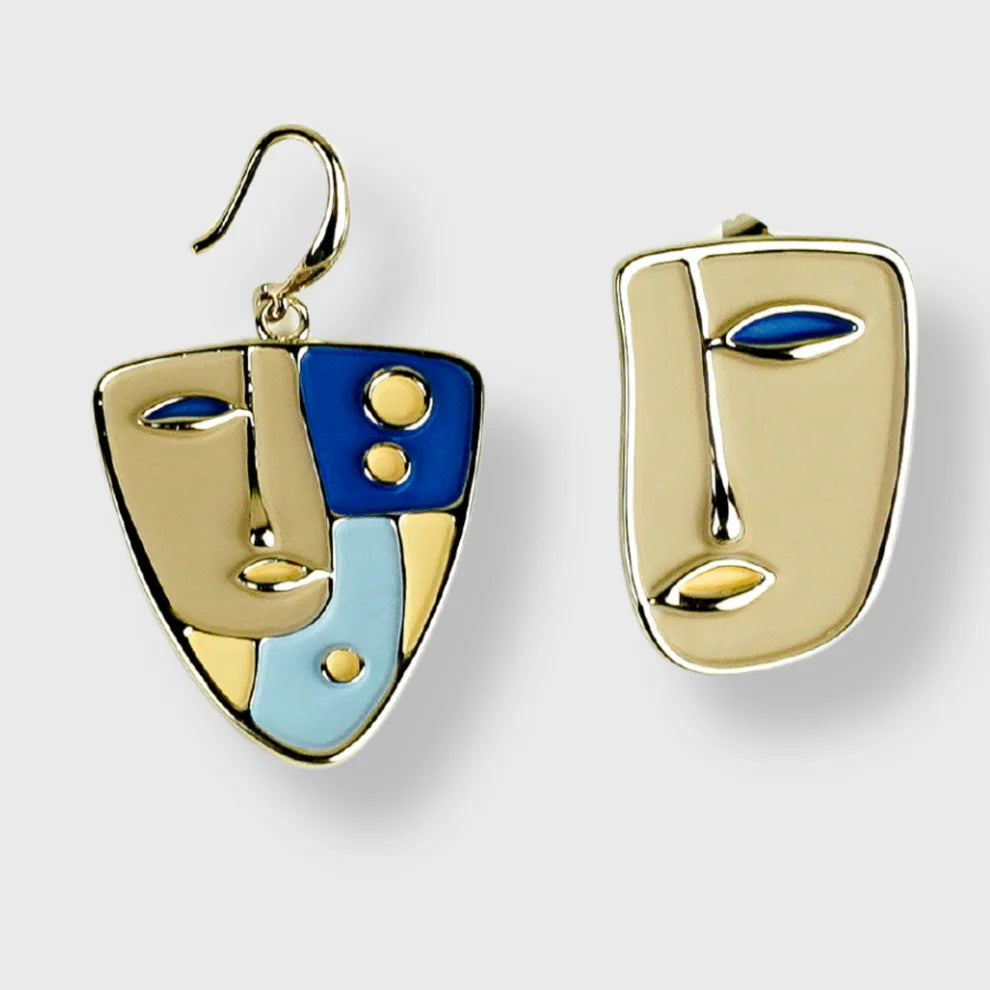 Boucles d'oreilles plaquées or jaune pour femme Masque fantaisie Picasso