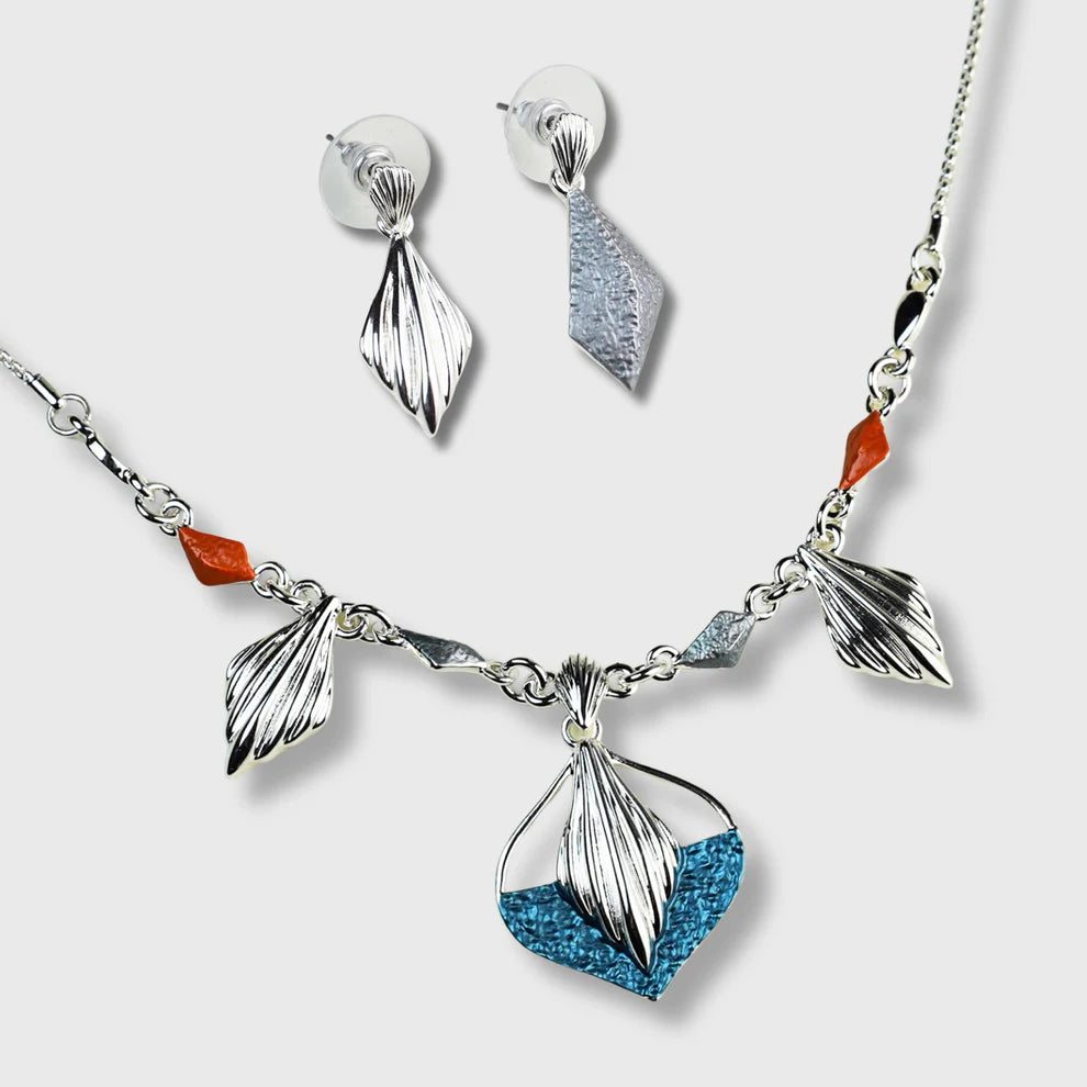 Ensemble « Shell Sunrise » – Collier et boucles d'oreilles en argent aux tons orange et bleu