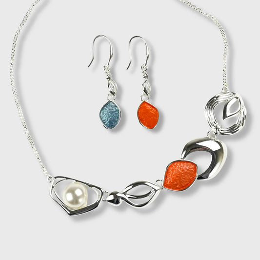 Ensemble « Orange Blue Sunrise » – Collier et boucles d'oreilles en argent aux tons orange et bleu