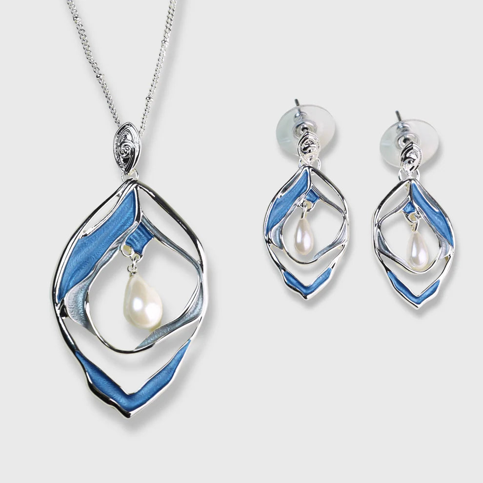 Ensemble « Oyster Sunrise » – Collier et boucles d'oreilles en argent bleu