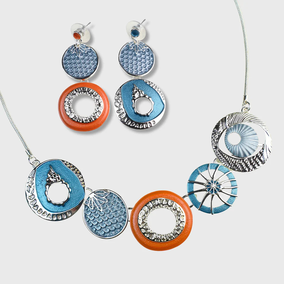 Ensemble « Sun Sunrise » – Collier et boucles d'oreilles en argent aux tons orange et bleu